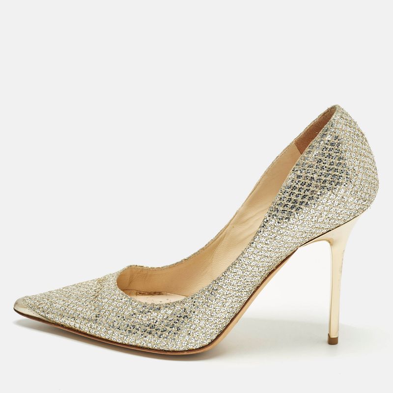 Jimmy Choo Abel Size 37 Gold Glitter Pointed Toe Pumps
